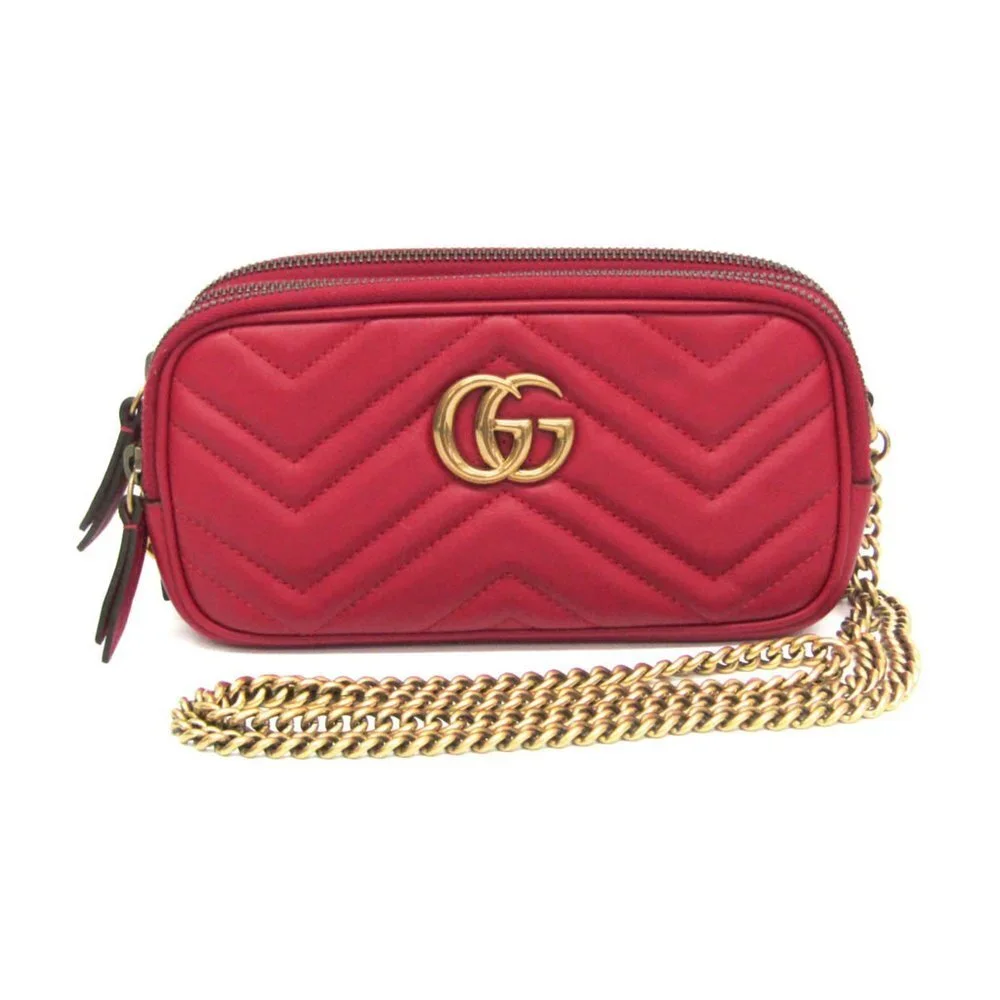 GUCCI Authentic Red Leather GG Marmont Shoulder Bag